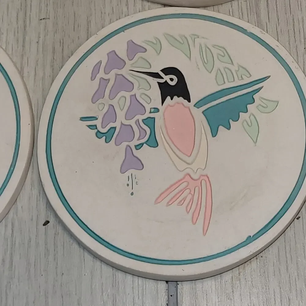 Vtg Southwestern Hummingbird Ceramic Coaster Set Of 4 NWOT Coastal Boho